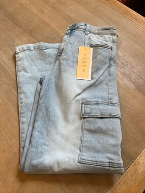Risen Light Blue Wide Leg Cargo Jeans - Women's Flare Fit
